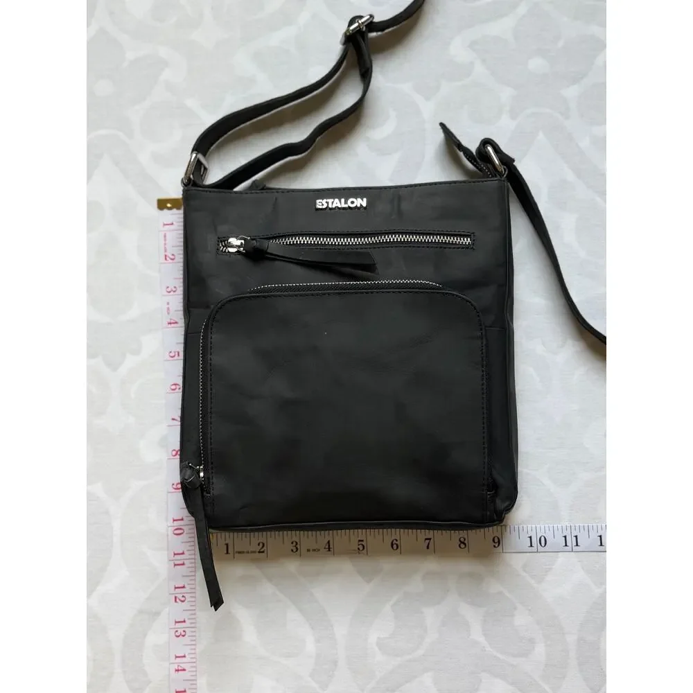 Estalon Black Leather Crossbody Bag Multi Pocket Adjustable Strap Travel Purse